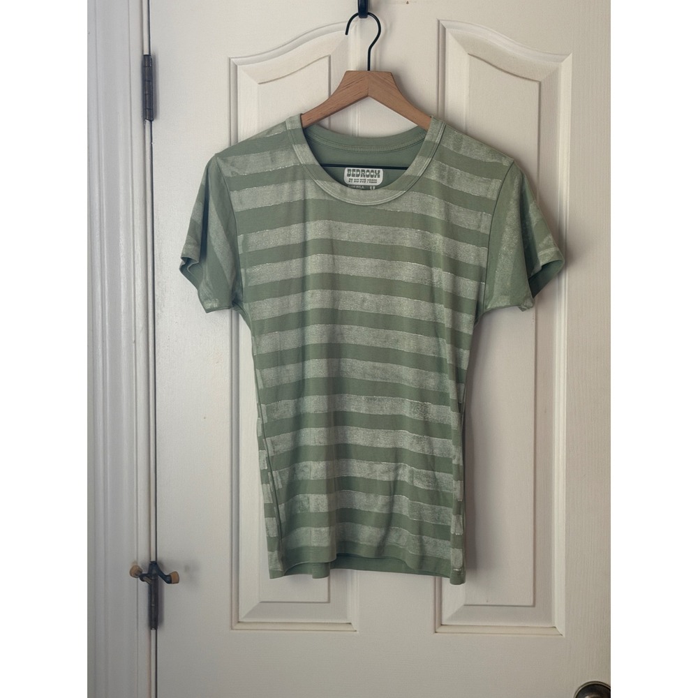 Big Bud Press | Bedroom T-Shirt Size M Green Silver Metallic Striped Crewneck - Picture 2 of 6